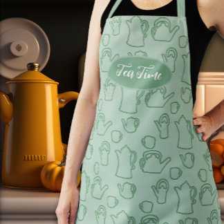 Tea Pots Pattern Sage Green Long Bib Apron