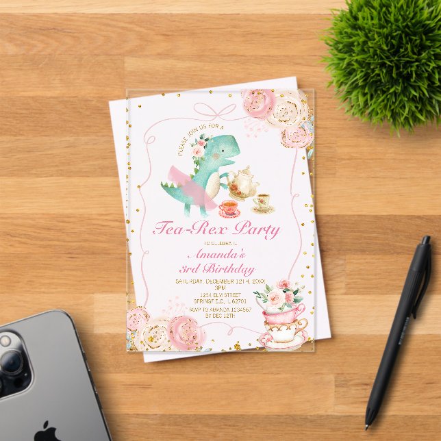 Tea-Rex Tutu Party Dinosaur Girl Pink 3rd Birthday Acrylic Invitations (Insitu (Invitation Card))