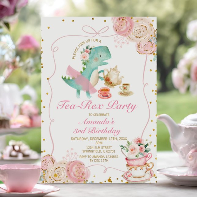 Tea-Rex Tutu Party Dinosaur Girl Pink 3rd Birthday Invitation (Creator Uploaded)