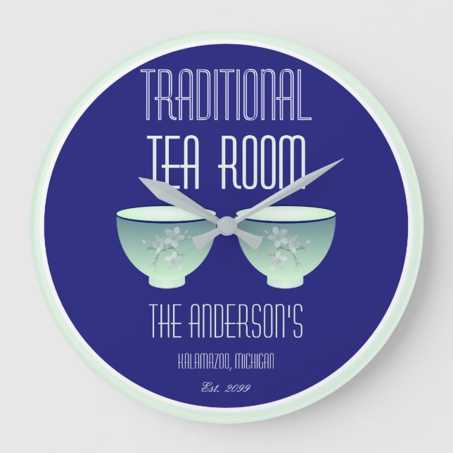 Tea Room Sign Elegant Hand Drawn Flowered Teacups Large Clock (Front)