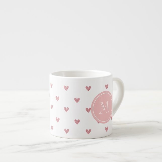 Tea Rose Pink Glitter Hearts with Monogram Espresso Cup (Front Right)