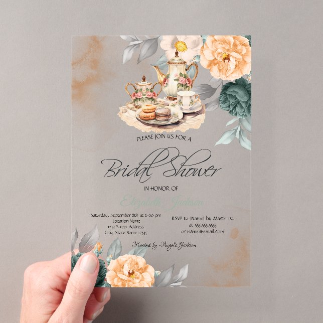 Tea Set Green Roses Bridal Shower Acrylic Invitations (Insitu (Handheld))