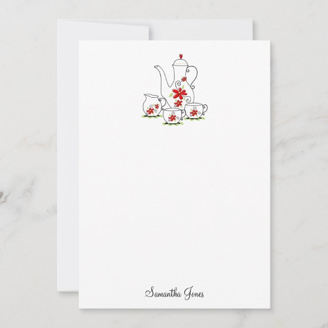 Tea Set Stationery Note Cards, Red Card (Front)