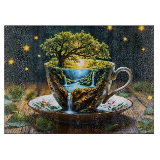 Tea set surreal waterfall kitchen decor art cutting board (Front)