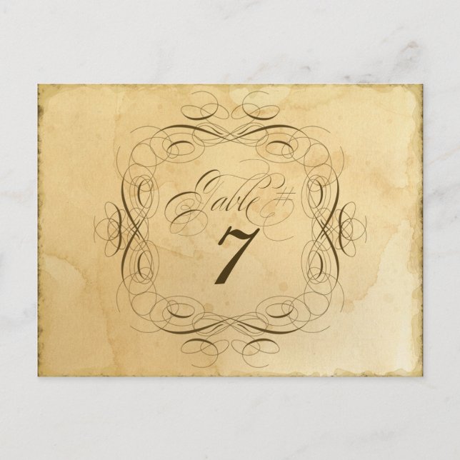 Tea Stained Vintage Wedding 1 - Table Number Cards (Front)
