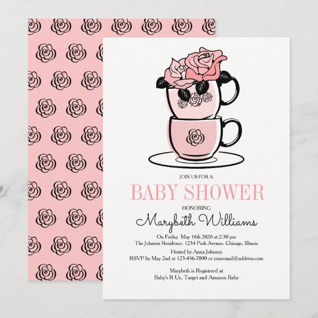 Tea Teacup & Flowers Baby Shower Invitation Card (Front/Back)