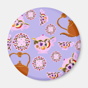 Tea! Teapot, Teacup, Plate, Teakettle Round Magnet