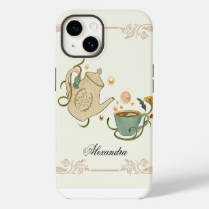 Tea Time, Beige Graphic Art, Floral Inspired iPhone 14 Case