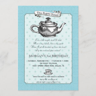 Tea Time Birthday Party Invitation - Aqua Blue