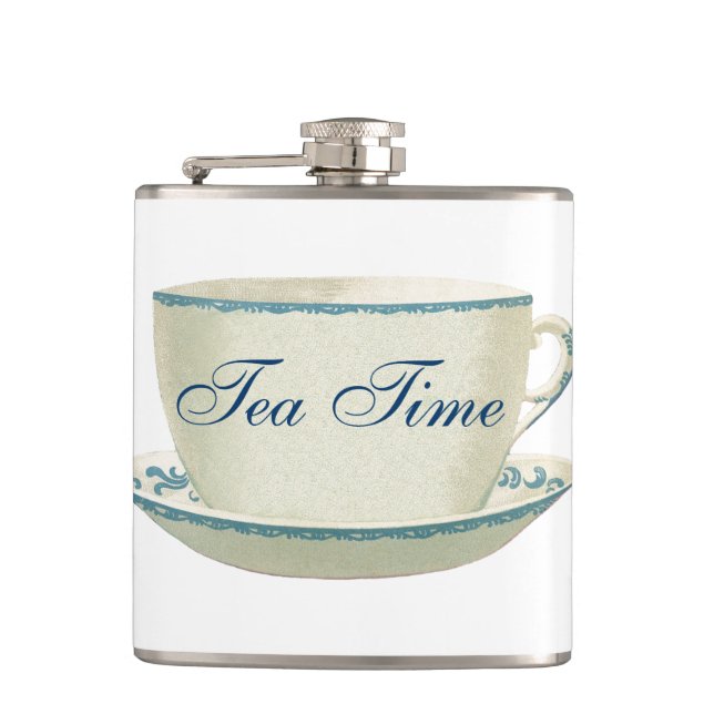 Tea Time Blue Tea Cup Hip Flask (Front)