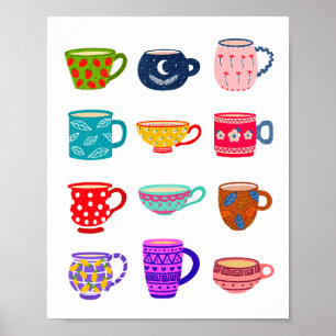 Tea Time Bright Watercolor Cups Kitchen Wall Decor