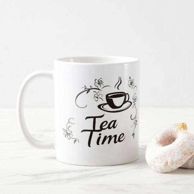 Tea Time Delicate Flowers Coffee Mug (With Donut)