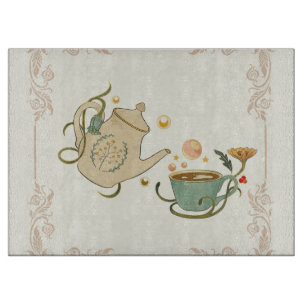 Tea Time Graphic Design, Light Beige Background Cutting Board
