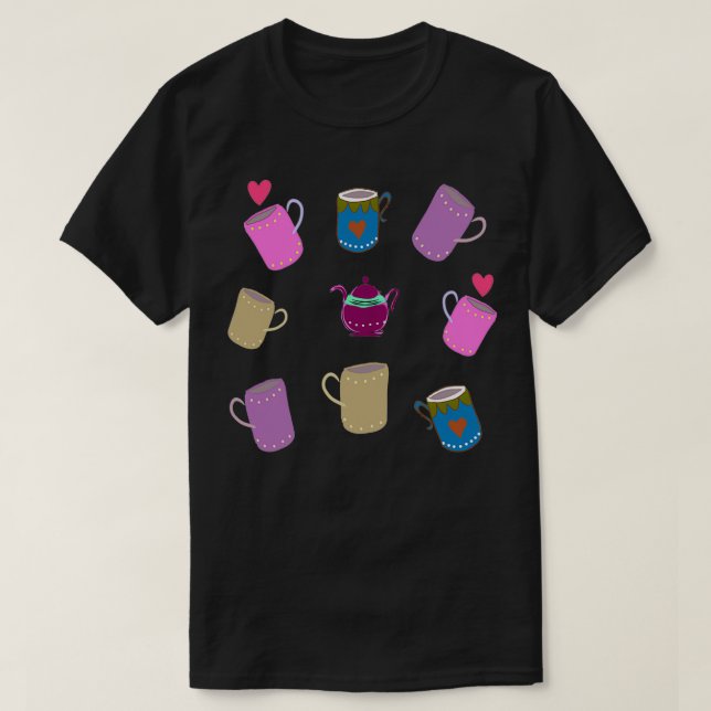 Tea Time Hand Drawn Mugs and Teapots T-Shirt (Design Front)