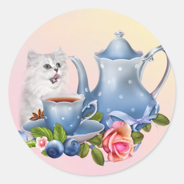 Tea time kitten classic round sticker (Front)