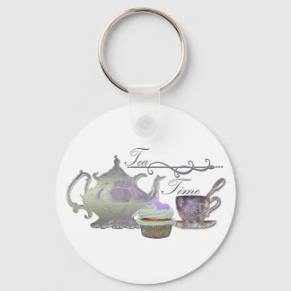 Tea Time! Lilac Teapot, Teacup and Cupcake Art Keychain