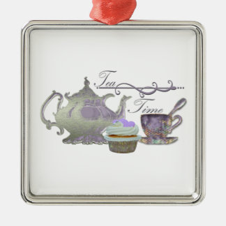 Tea Time! Lilac Teapot, Teacup and Cupcake Art Metal Ornament