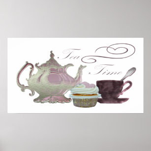 Tea time lilac teapot, teacup and cupcake Poster