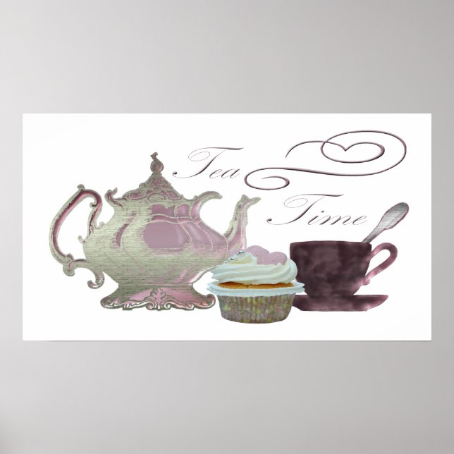 Tea time lilas théière, thé et cupcake Poster (Devant)