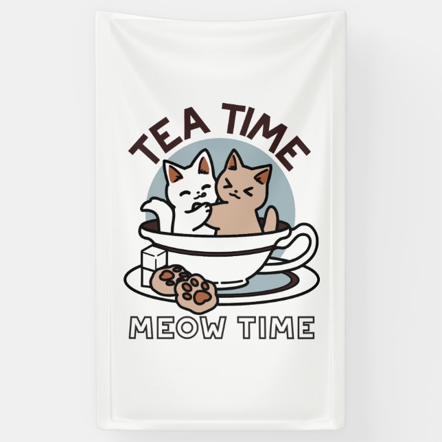 Tea Time Meow Time - Cute Cat and Tea Design Banner (Vertical)