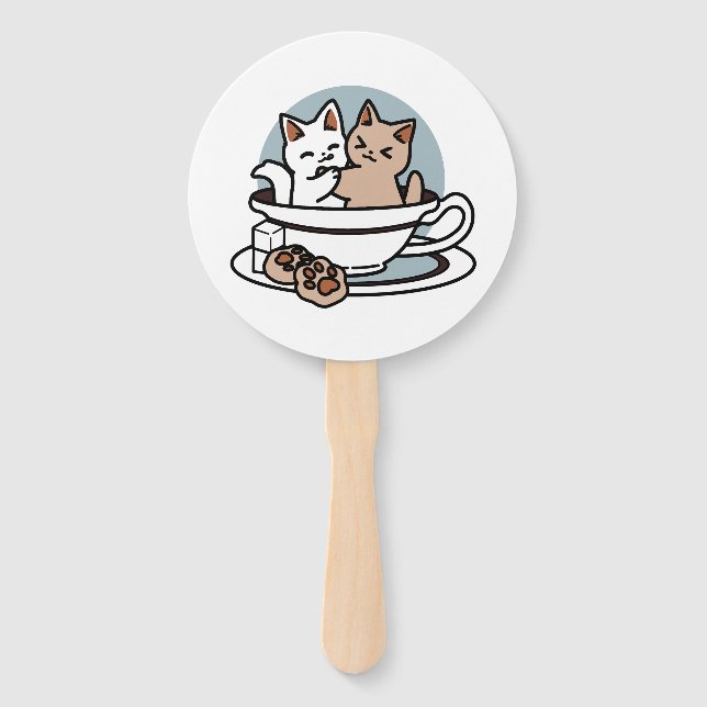 Tea Time Meow Time - Cute Cat and Tea Design Hand Fan (Front)