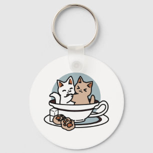 Tea Time Meow Time - Cute Cat and Tea Design Keychain