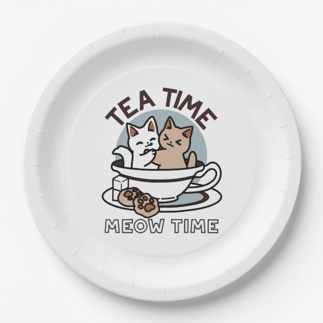 Tea Time Meow Time - Cute Cat and Tea Design Paper Plate (Front)