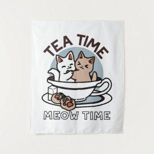 Tea Time Meow Time - Cute Cat and Tea Design Tapestry