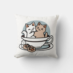Tea Time Meow Time - Cute Cat and Tea Design Throw Pillow