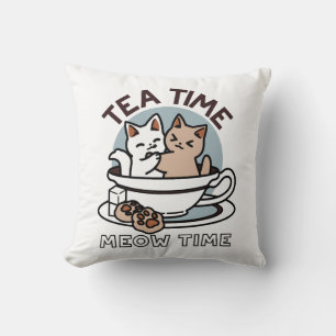 Tea Time Meow Time - Cute Cat and Tea Design Throw Pillow