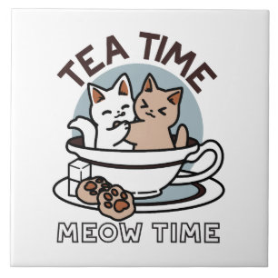 Tea Time Meow Time - Cute Cat and Tea Design Tile