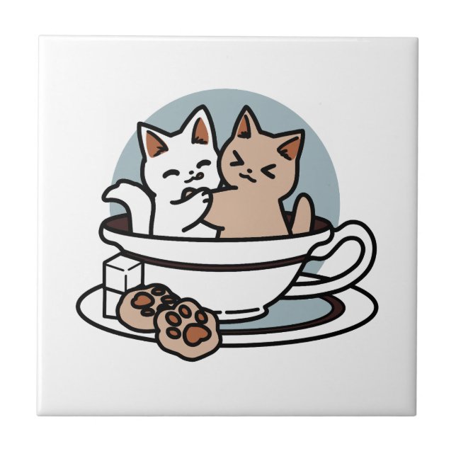 Tea Time Meow Time - Cute Cat and Tea Design Tile (Front)