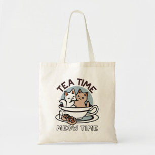 Tea Time Meow Time - Cute Cat and Tea Design Tote Bag