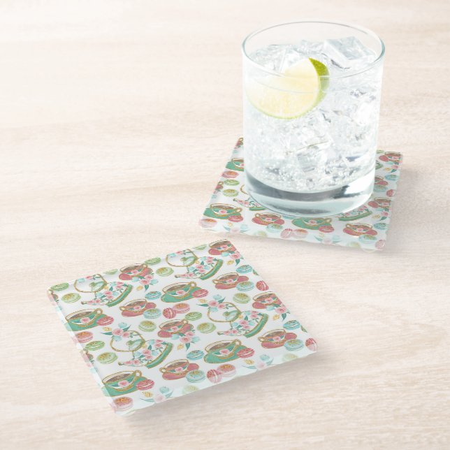 Tea Time Pattern Glass Coaster (Angled)