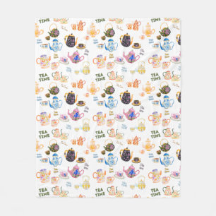 tea time pattern - tea cups and tea pot in fleece blanket