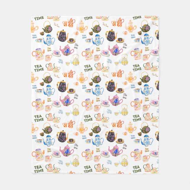 tea time pattern - tea cups and tea pot in fleece blanket (Front)