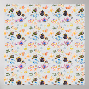 tea time pattern - tea cups and tea pot in poster