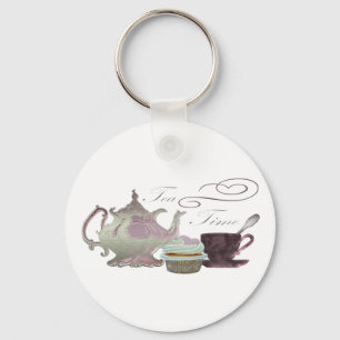 Tea Time Pink Cupcake Hearts Art Keychain