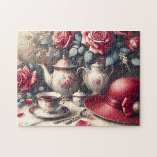 Tea Time  Pink Rose and Teacup  Jigsaw Puzzle (Horizontal)