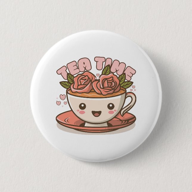 Tea Time Rose Tea Kawaii 2 Inch Round Button (Front)
