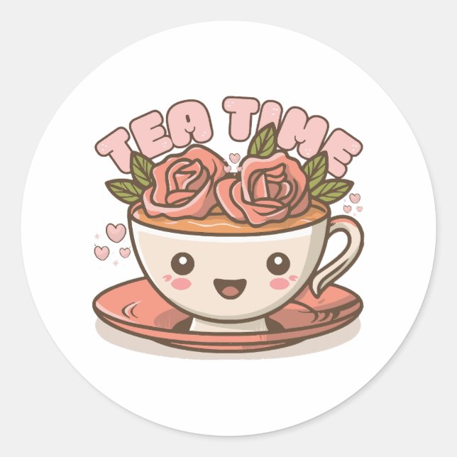 Tea Time Rose Tea Kawaii Classic Round Sticker (Front)