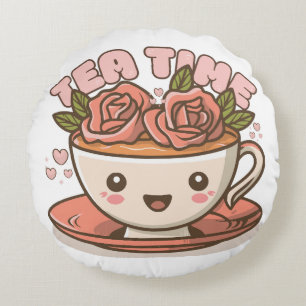 Tea Time Rose Tea Kawaii Round Pillow