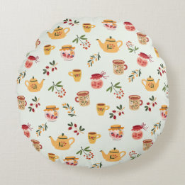 Tea Time Seamless Pattern Round Pillow