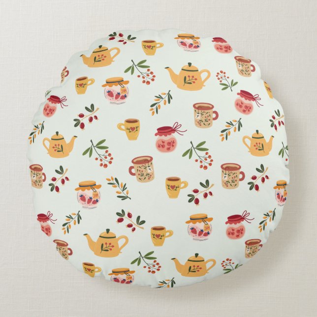 Tea Time Seamless Pattern Round Pillow (Front)