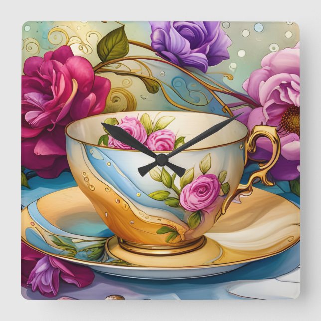 Tea Time - Tea Cup Art  Square Wall Clock (Front)