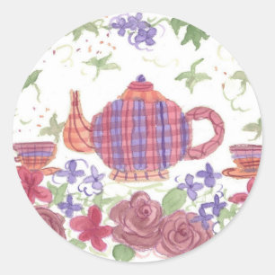 Tea Time Teapot and Flowers Classic Round Sticker