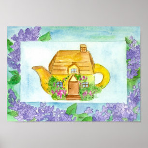 Tea Time Teapot Lilac Watercolor Flowers Cottage  Poster