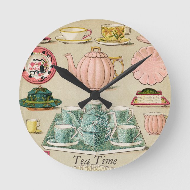 Tea Time Vintage Pastel Art Wall Clock (Front)