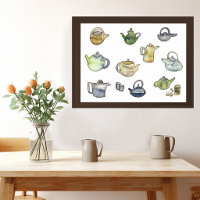 Tea Time Watercolor Teapots Hand-painted Art