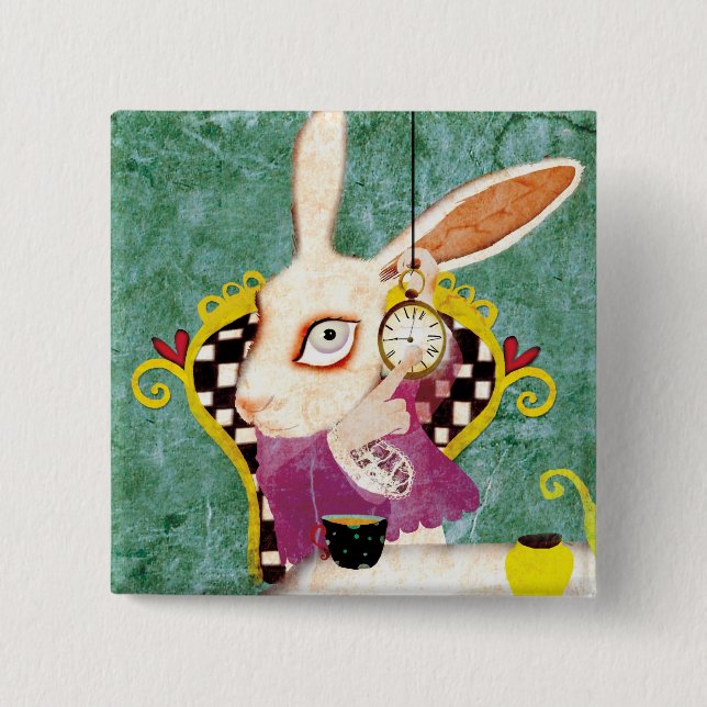 Tea time wonderland brooch 2 inch square button (Front)